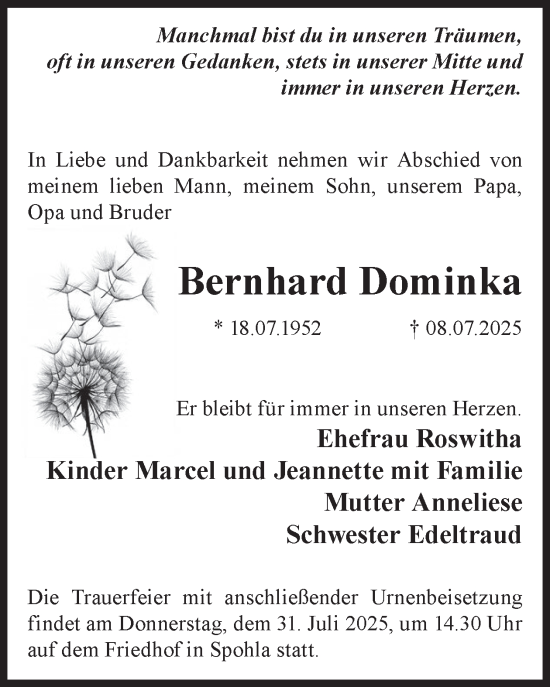 Traueranzeige von Bernhard Dominka von WochenKurier