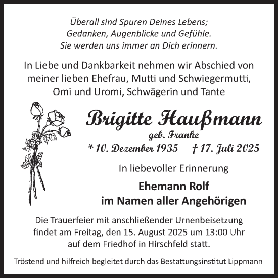 Traueranzeige von Brigitte Haußmann von WochenKurier