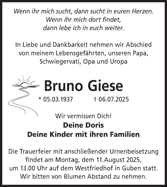 Traueranzeige von Bruno Giese von WochenKurier