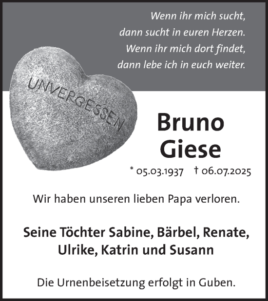 Traueranzeige von Bruno Giese von WochenKurier