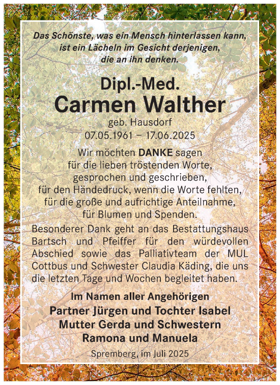 Traueranzeige von Carmen Walther von WochenKurier