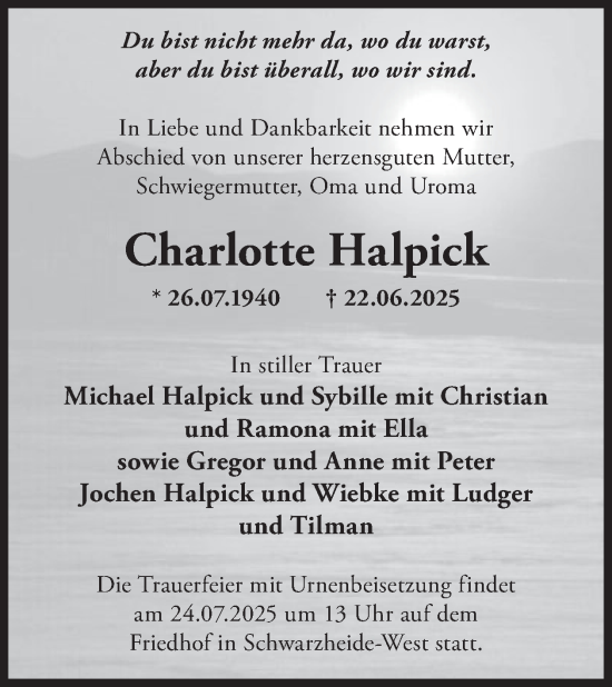 Traueranzeige von Charlotte Halpick von WochenKurier