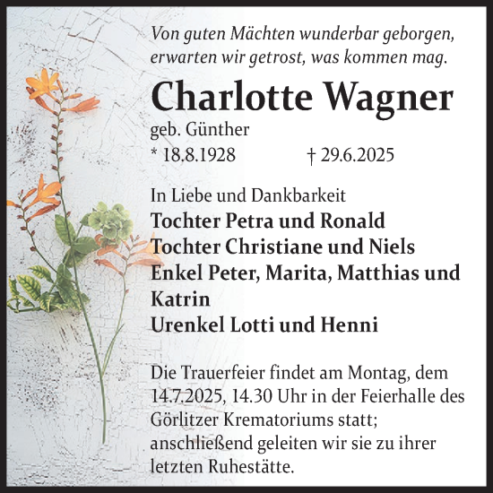 Traueranzeige von Charlotte Wagner von WochenKurier
