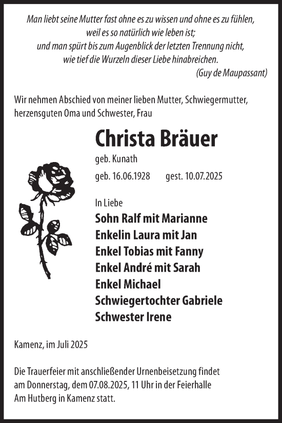 Traueranzeige von Christa Bräuer von WochenKurier