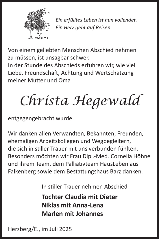Traueranzeige von Christa Hegewald von WochenKurier