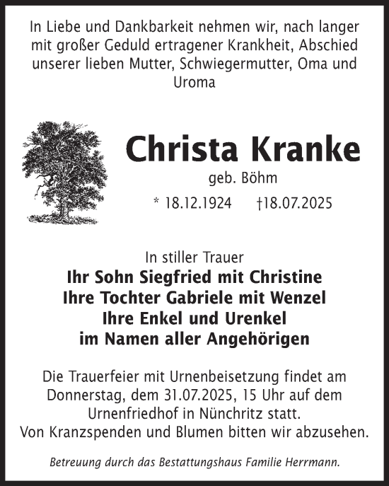 Traueranzeige von Christa Kranke von WochenKurier