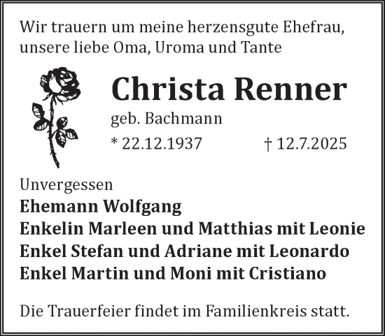 Traueranzeige von Christa Renner von WochenKurier