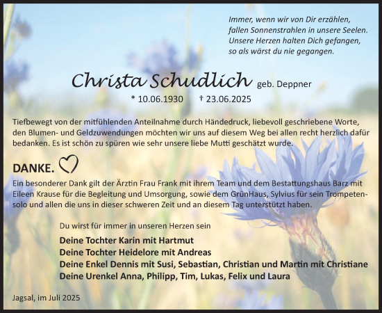 Traueranzeige von Christa Schudlich von WochenKurier