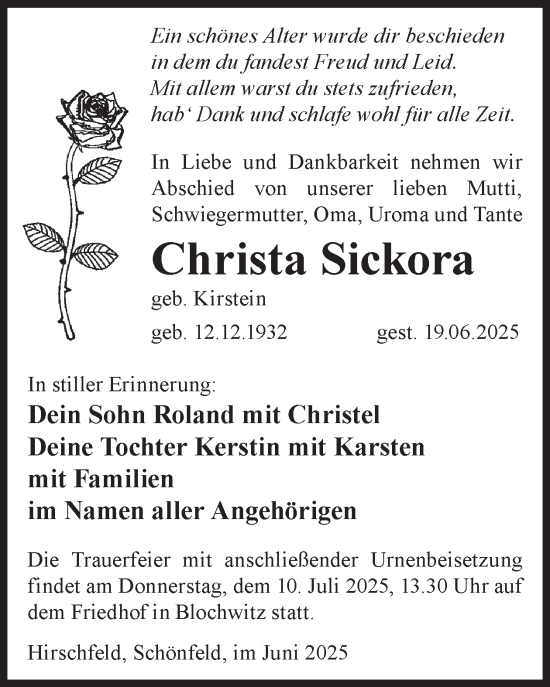 Traueranzeige von Christa Sickora von WochenKurier