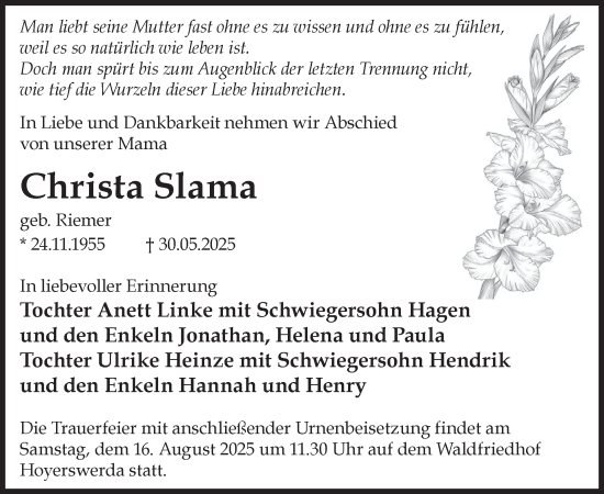 Traueranzeige von Christa Slama von WochenKurier