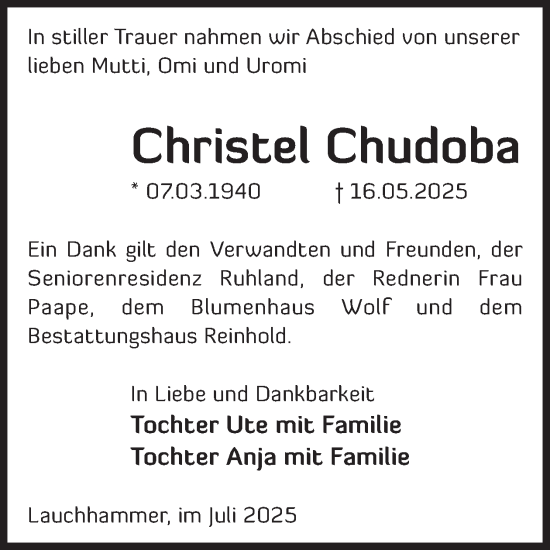 Traueranzeige von Christel Chudoba von WochenKurier