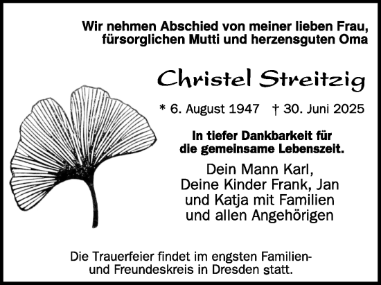 Traueranzeige von Christel Streitzig von WochenKurier