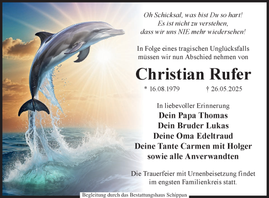 Traueranzeige von Christian Rufer von WochenKurier