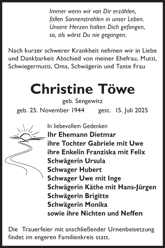 Traueranzeige von Christine Töwe von WochenKurier