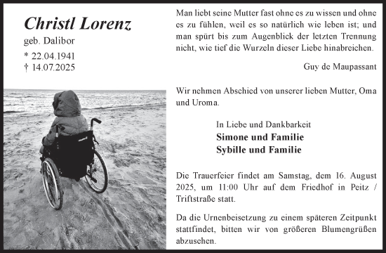 Traueranzeige von Christl Lorenz von WochenKurier