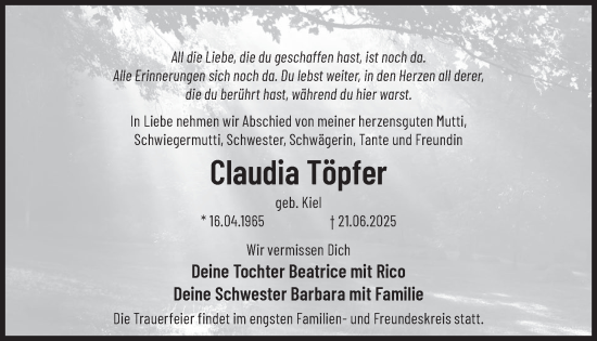 Traueranzeige von Claudia Töpfer von WochenKurier