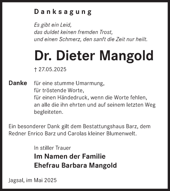 Traueranzeige von Dieter Mangold von WochenKurier