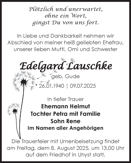 Traueranzeige von Edelgard Lauschke von WochenKurier