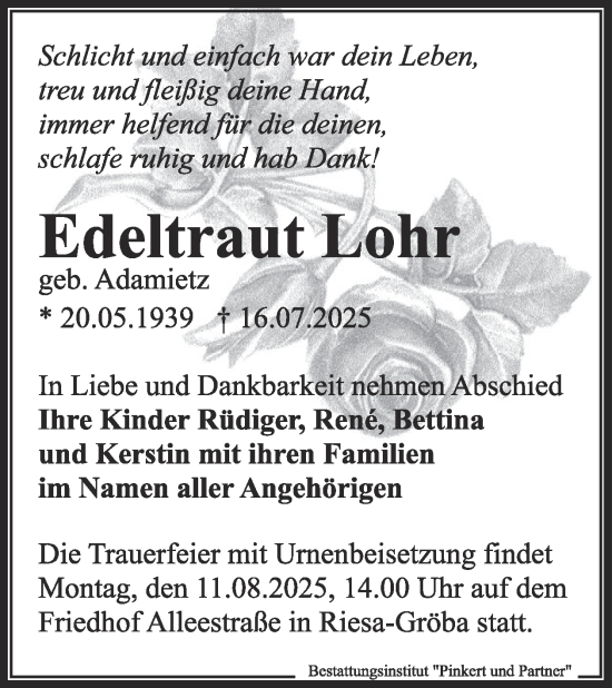 Traueranzeige von Edeltraut Lohr von WochenKurier