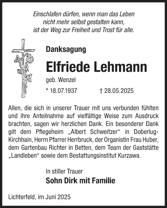 Traueranzeige von Elfriede Lehmann von WochenKurier