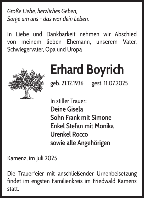 Traueranzeige von Erhard Boyrich von WochenKurier