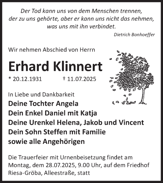 Traueranzeige von Erhard Klinnert von WochenKurier