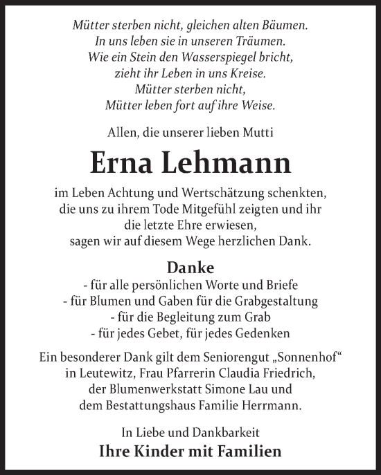 Traueranzeige von Erna Lehmann von WochenKurier