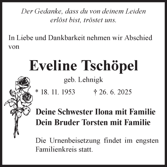 Traueranzeige von Eveline Tschöpel von WochenKurier