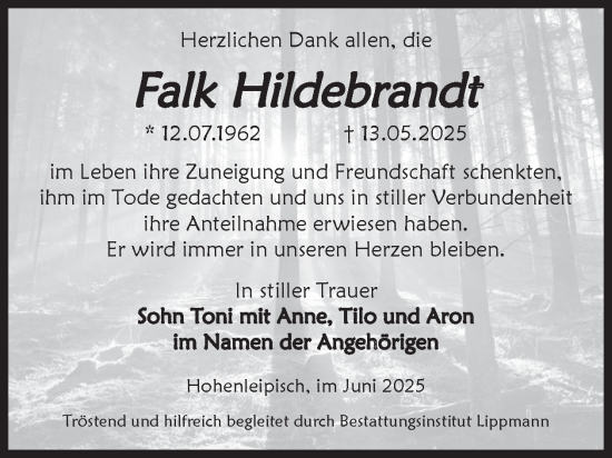 Traueranzeige von Falk Hildebrandt von WochenKurier