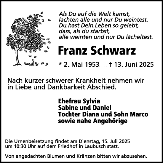 Traueranzeige von Franz Schwarz von WochenKurier