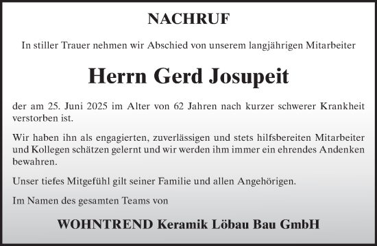Traueranzeige von Gerd Josupeit von WochenKurier