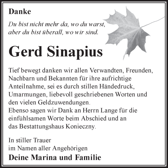 Traueranzeige von Gerd Sinapius von WochenKurier