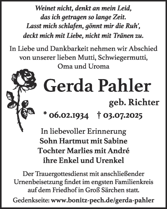 Traueranzeige von Gerda Pahler von WochenKurier