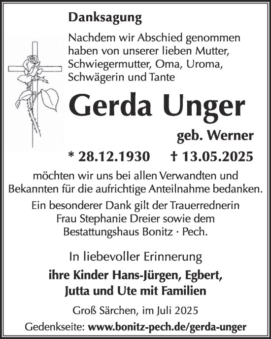 Traueranzeige von Gerda Unger von WochenKurier
