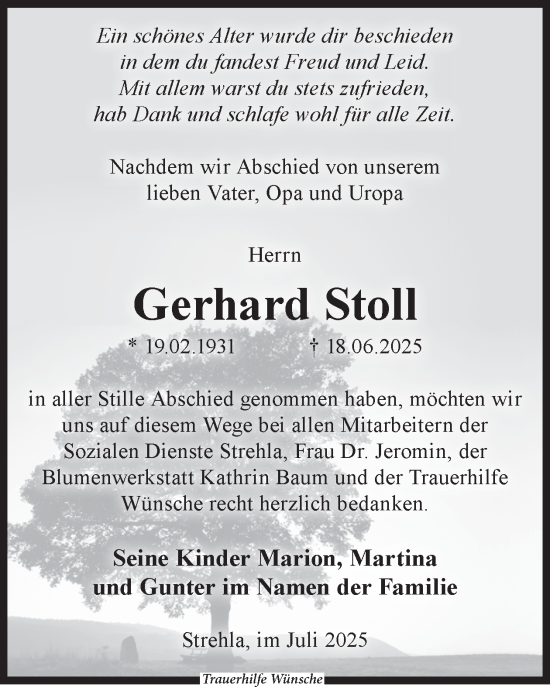 Traueranzeige von Gerhard Stoll von WochenKurier