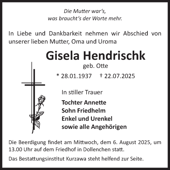 Traueranzeige von Gisela Hendrischk von WochenKurier
