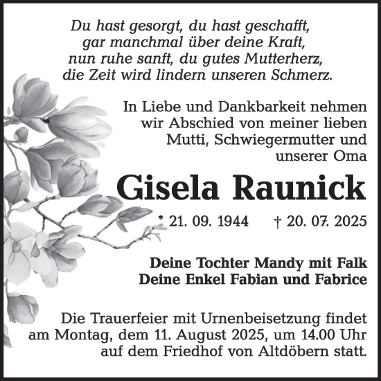 Traueranzeige von Gisela Raunick von WochenKurier