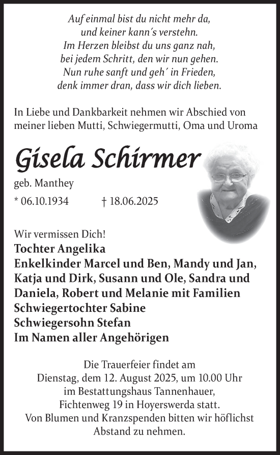 Traueranzeige von Gisela Schirmer von WochenKurier