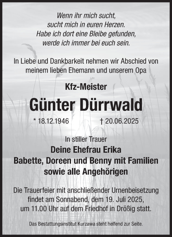 Traueranzeige von Günter Dürrwald von WochenKurier