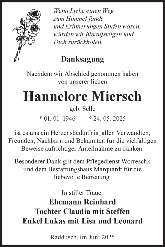 Traueranzeige von Hannelore Miersch von WochenKurier