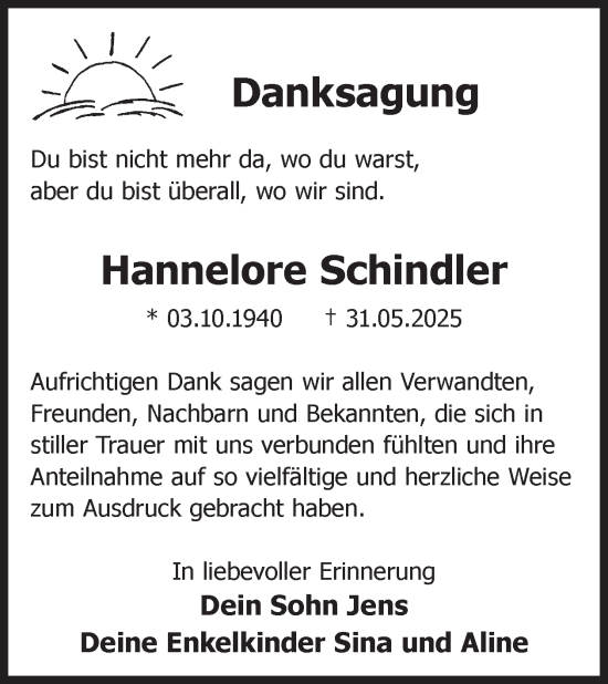 Traueranzeige von Hannelore Schindler von WochenKurier