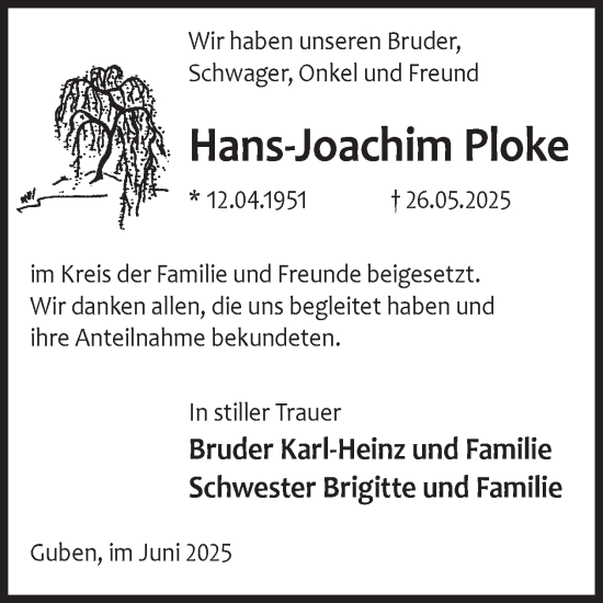 Traueranzeige von Hans-Joachim Ploke von WochenKurier