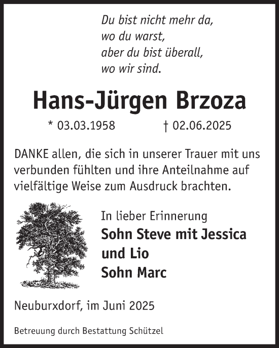 Traueranzeige von Hans-Jürgen Brzoza von WochenKurier