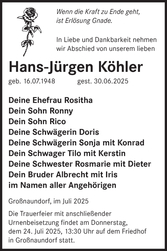 Traueranzeige von Hans-Jürgen Köhler von WochenKurier