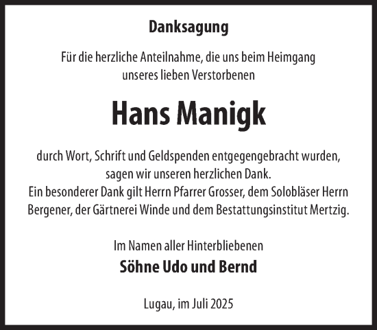 Traueranzeige von Hans Manigk von WochenKurier