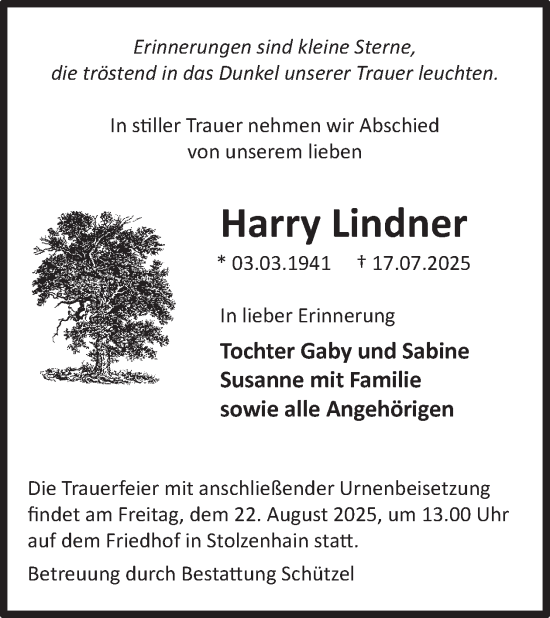 Traueranzeige von Harry Lindner von WochenKurier