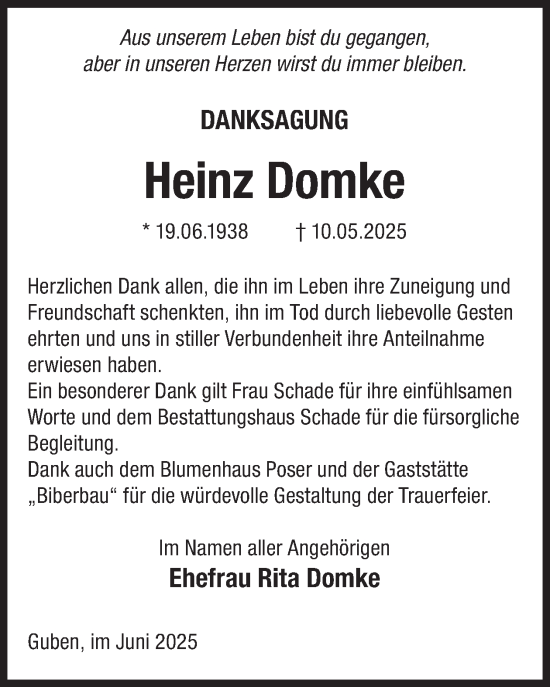 Traueranzeige von Heinz Domke von WochenKurier