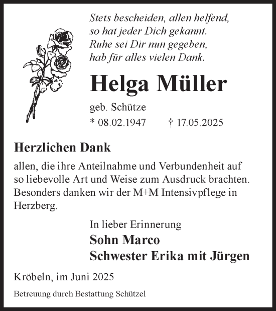 Traueranzeige von Helga Müller von WochenKurier