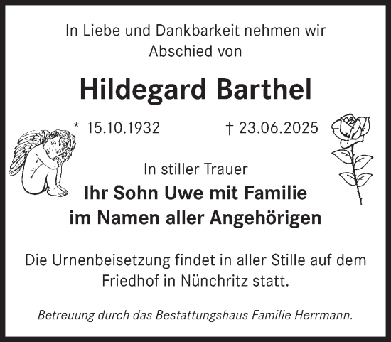 Traueranzeige von Hildegard Barthel von WochenKurier