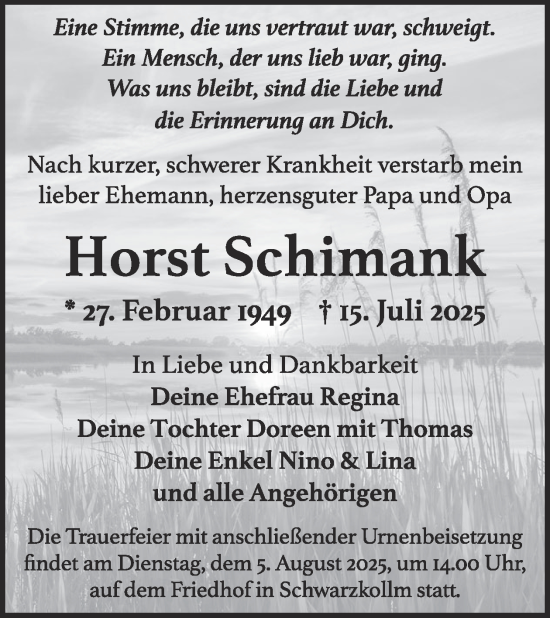 Traueranzeige von Horst Schimank von WochenKurier